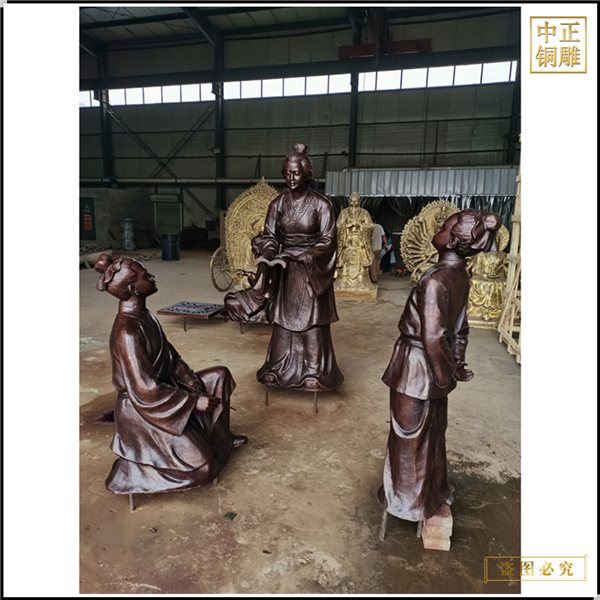 古代一家三口人物铜雕塑